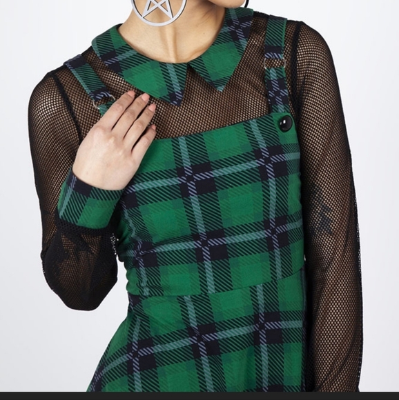 Jawbreaker Teal Blue Tartan and Fishnet Collared dress size 12/14 - Picture 2 of 3